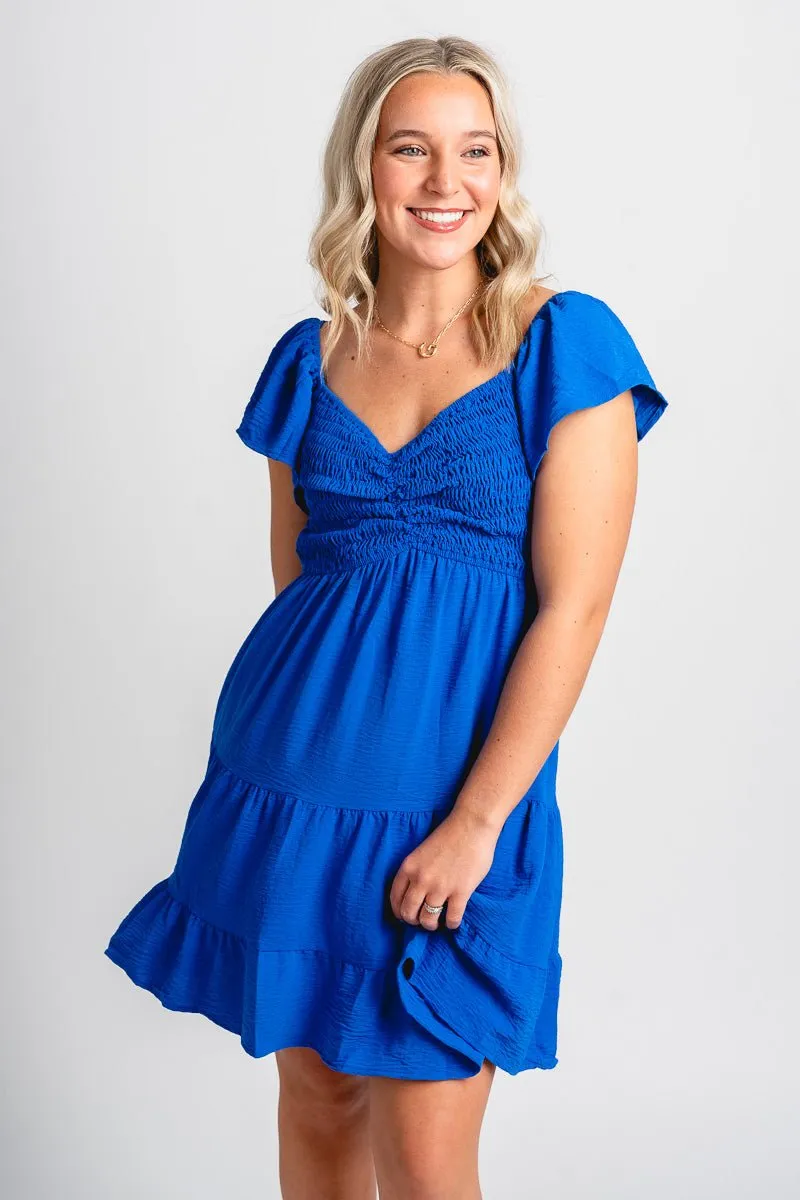 Smocked flutter sleeve dress cobalt blue