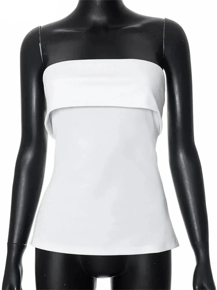 Solid Open Shoulder Strapless Tank Tops