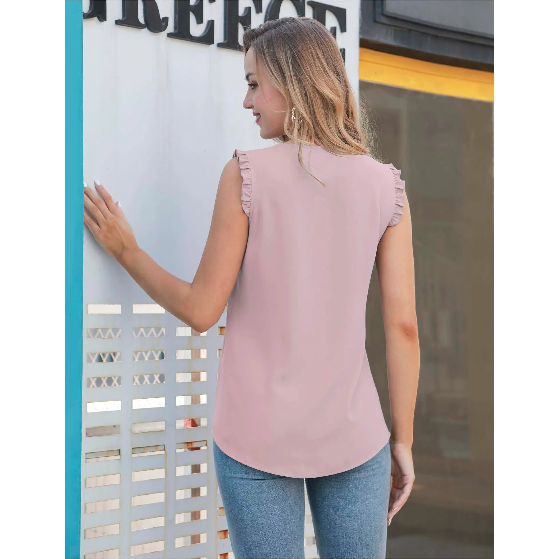 Summer Ruffle Trim Sleeveless Chiffon Blouses