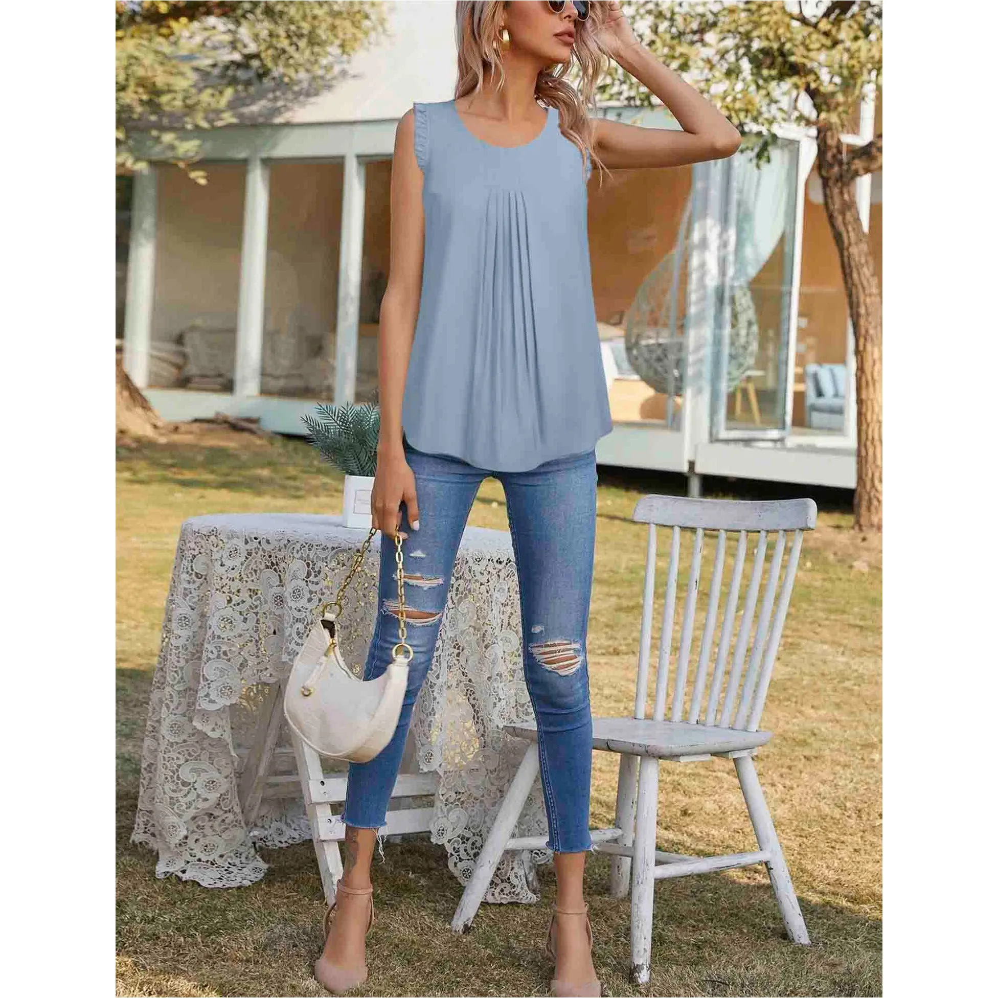 Summer Ruffle Trim Sleeveless Chiffon Blouses
