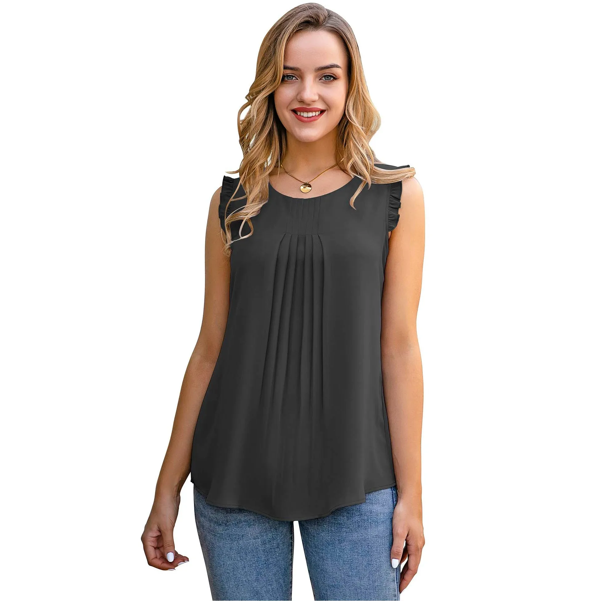 Summer Ruffle Trim Sleeveless Chiffon Blouses