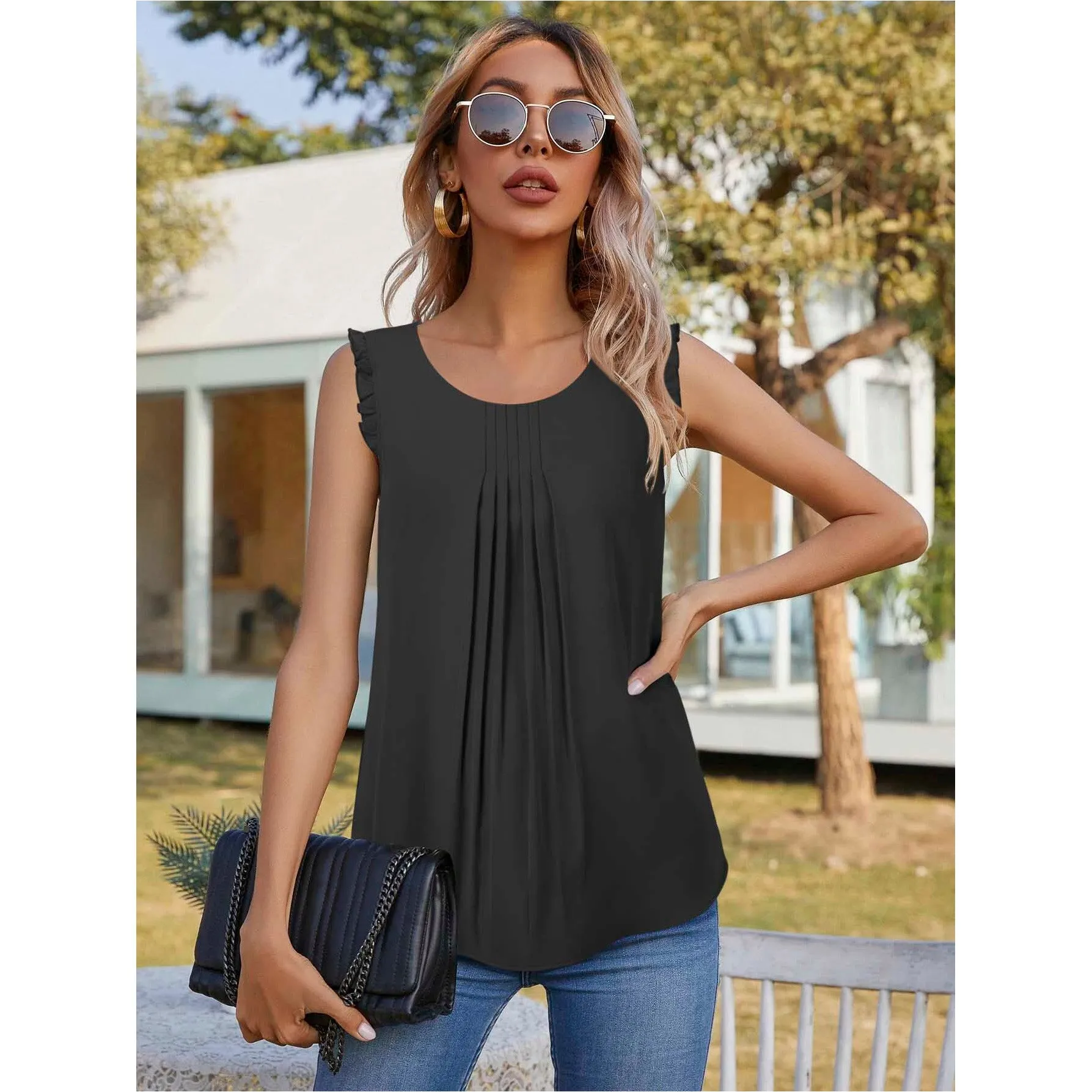 Summer Ruffle Trim Sleeveless Chiffon Blouses