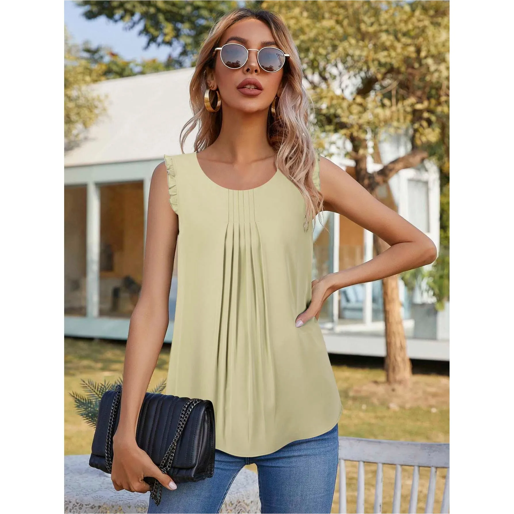 Summer Ruffle Trim Sleeveless Chiffon Blouses