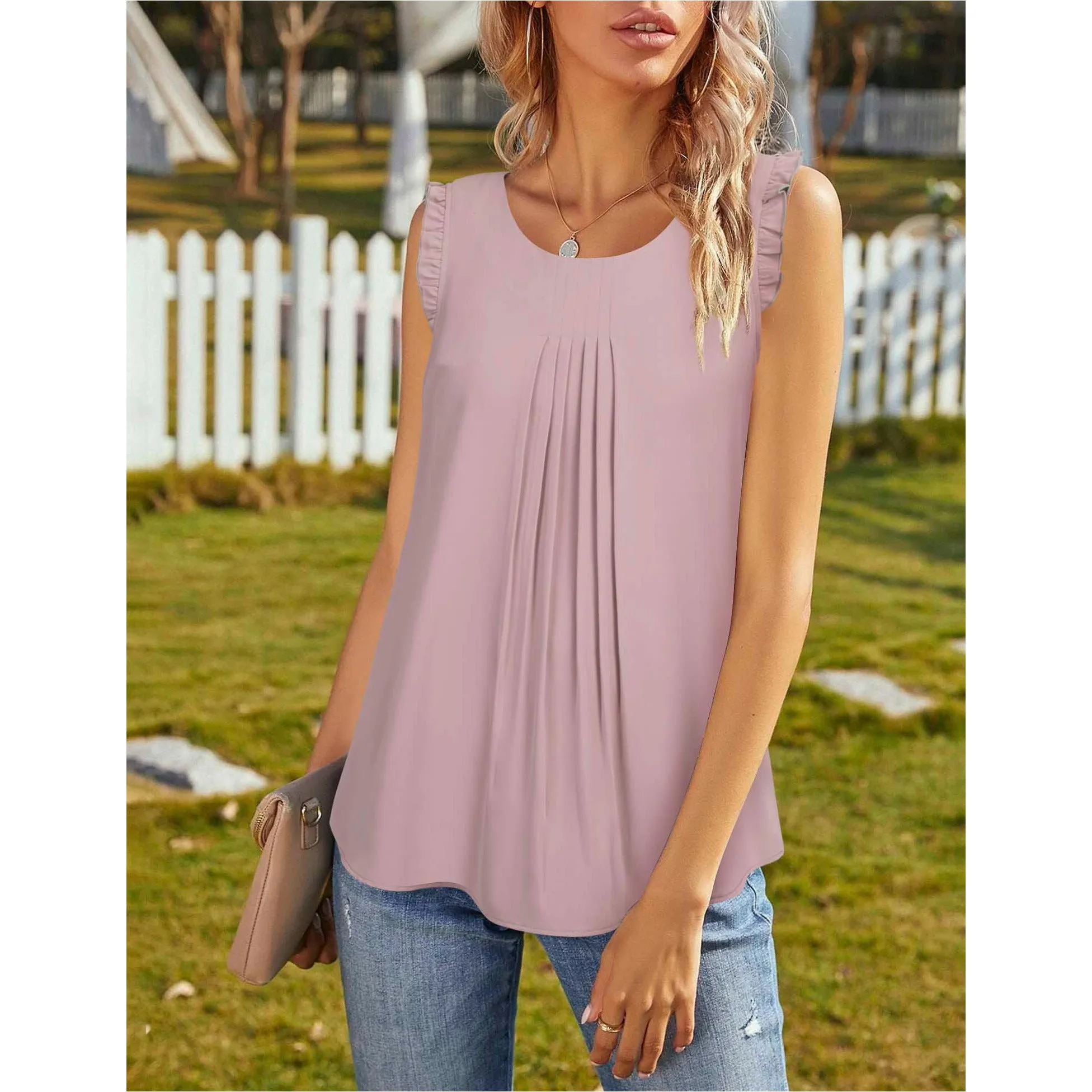 Summer Ruffle Trim Sleeveless Chiffon Blouses