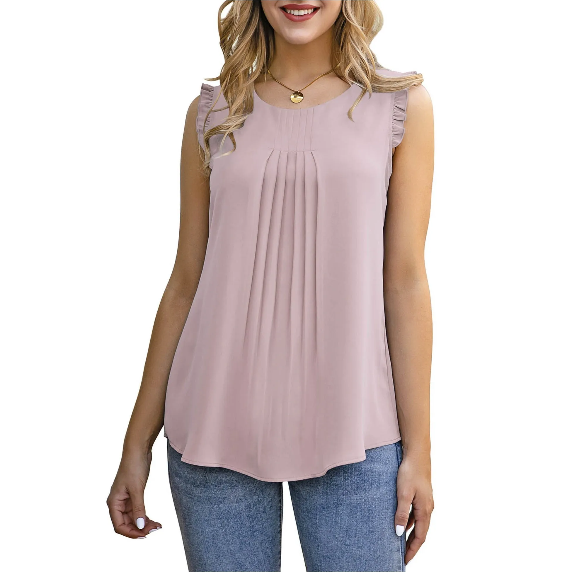 Summer Ruffle Trim Sleeveless Chiffon Blouses