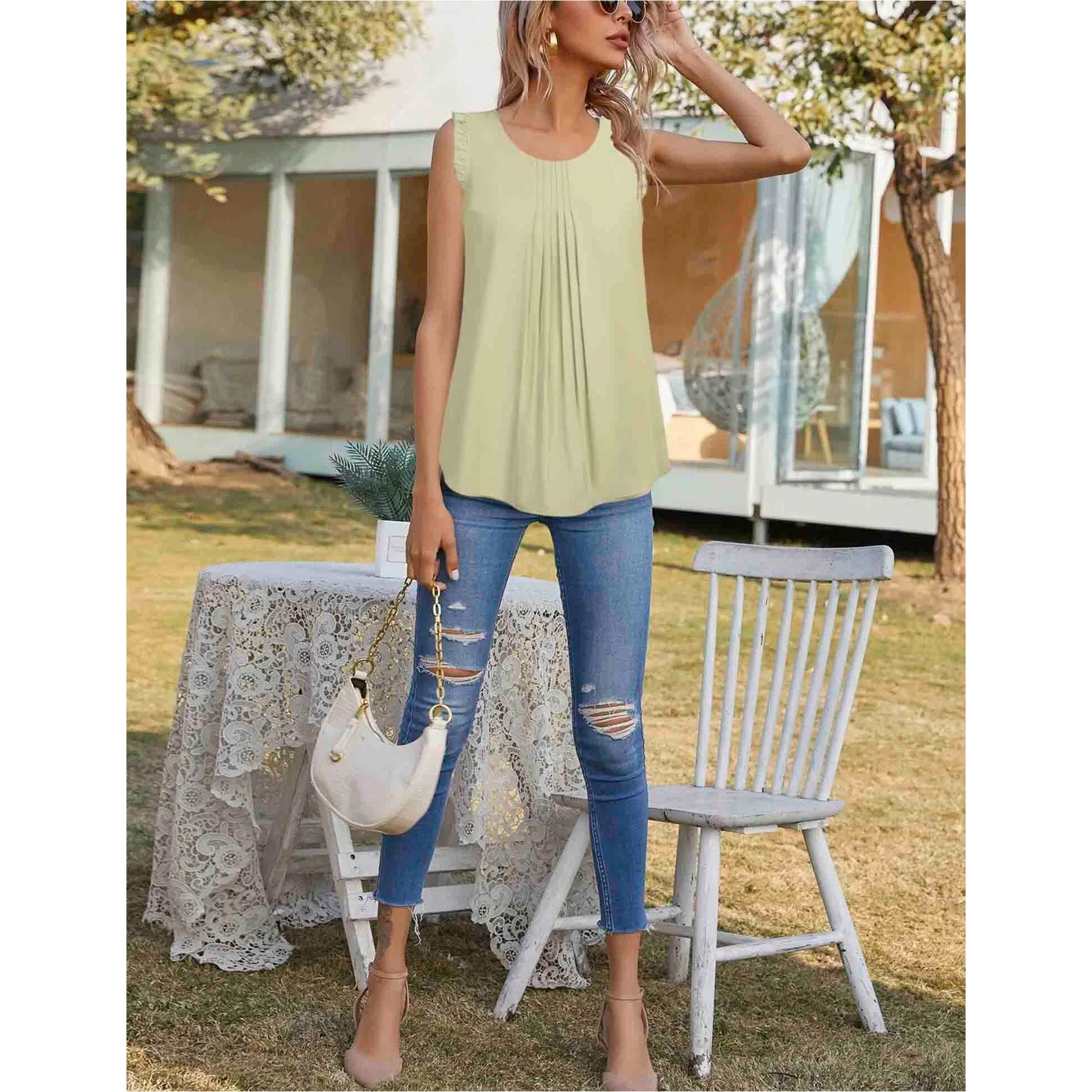 Summer Ruffle Trim Sleeveless Chiffon Blouses