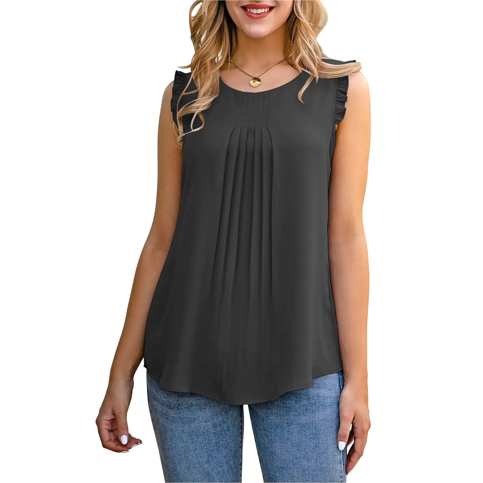 Summer Ruffle Trim Sleeveless Chiffon Blouses