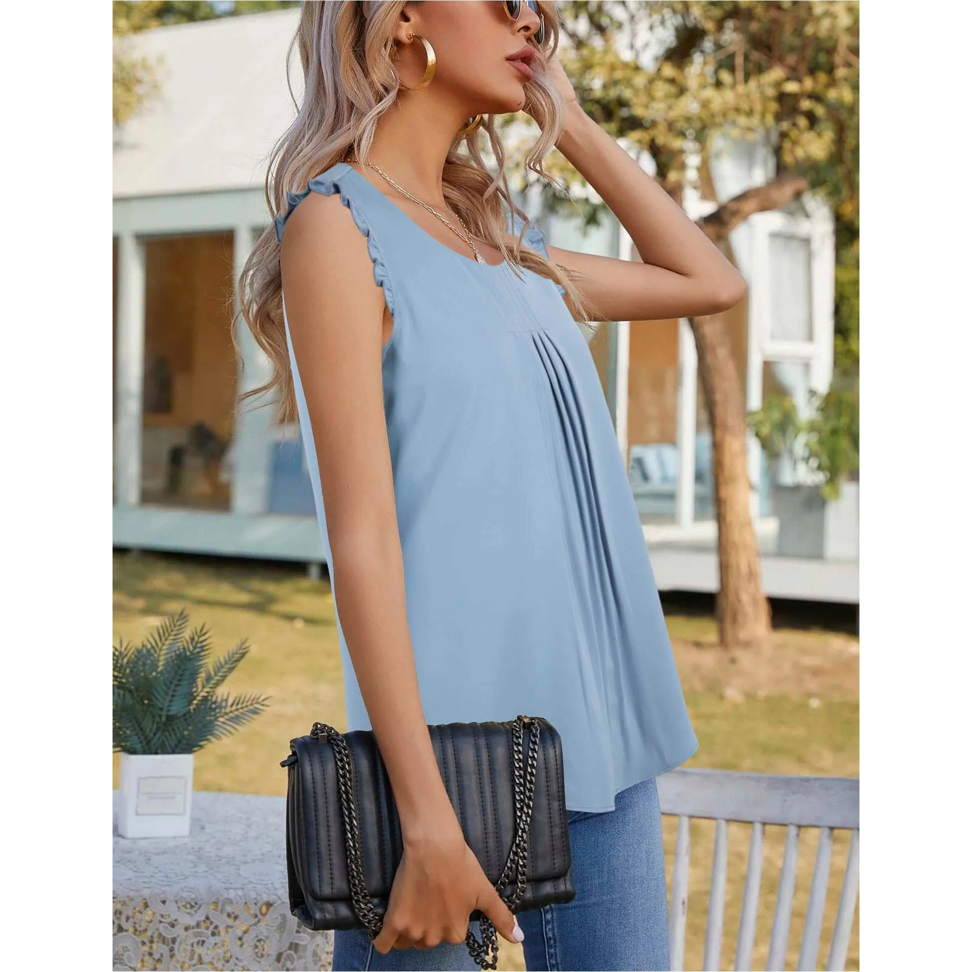 Summer Ruffle Trim Sleeveless Chiffon Blouses