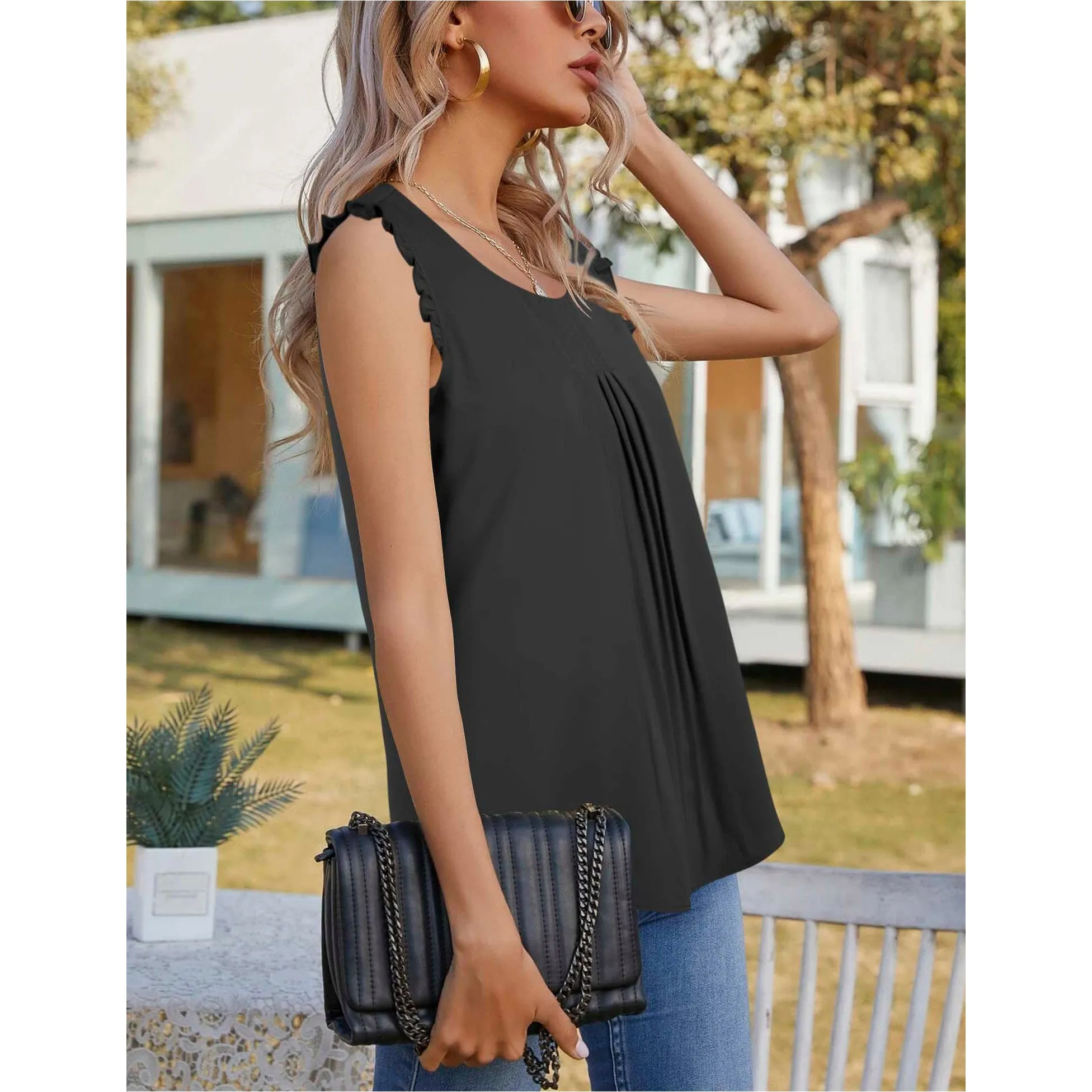 Summer Ruffle Trim Sleeveless Chiffon Blouses