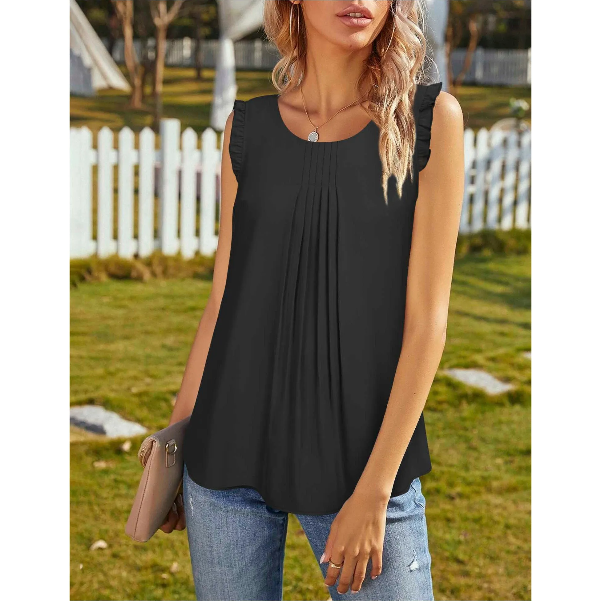 Summer Ruffle Trim Sleeveless Chiffon Blouses