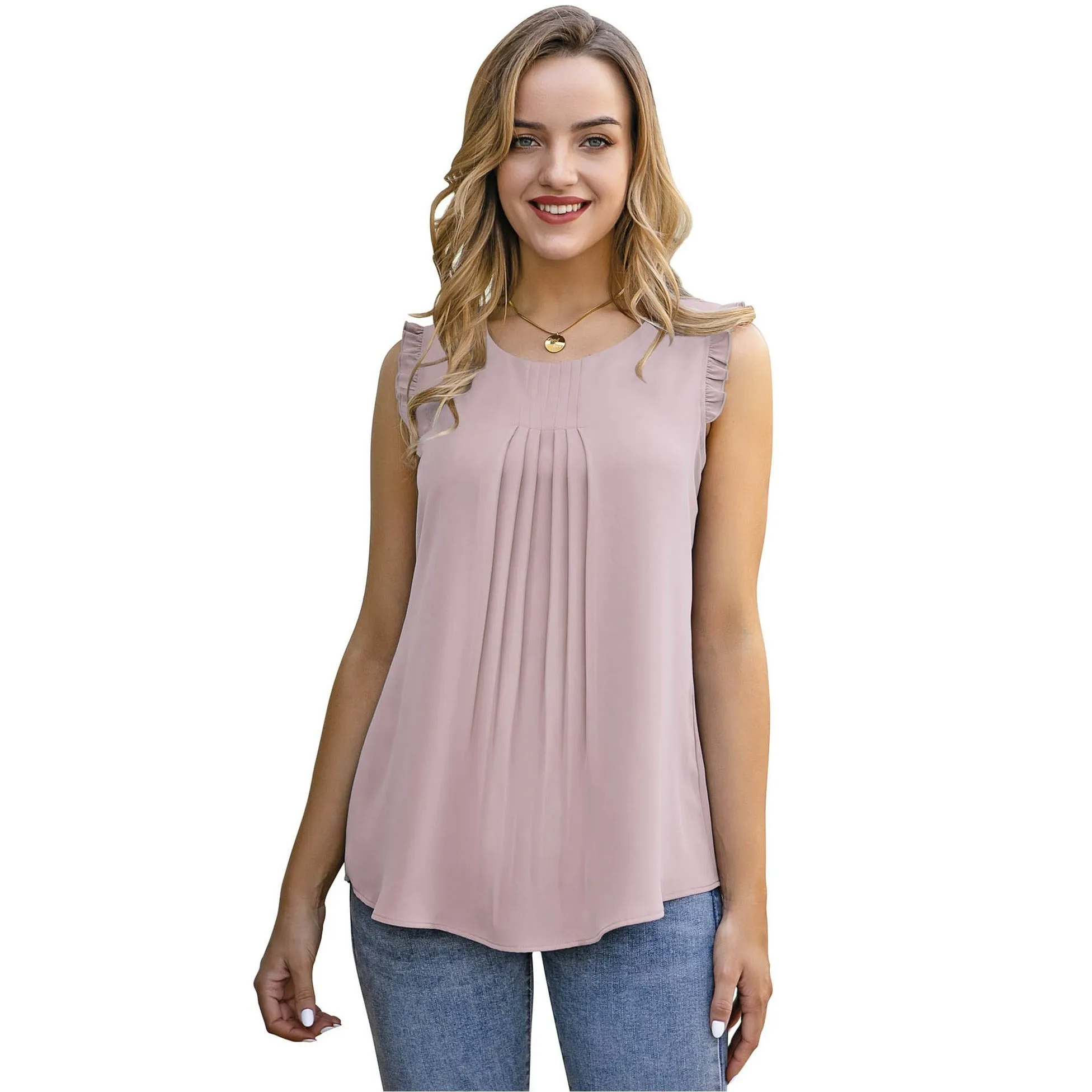 Summer Ruffle Trim Sleeveless Chiffon Blouses