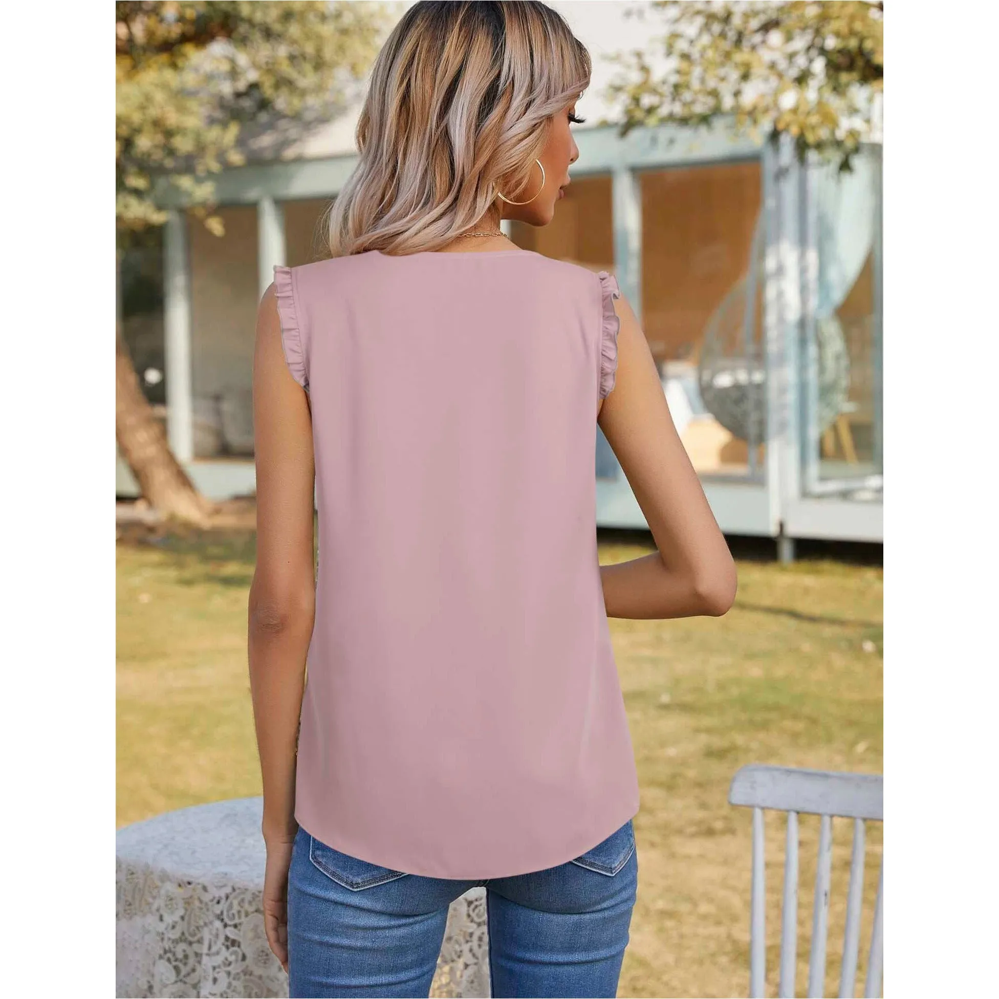 Summer Ruffle Trim Sleeveless Chiffon Blouses
