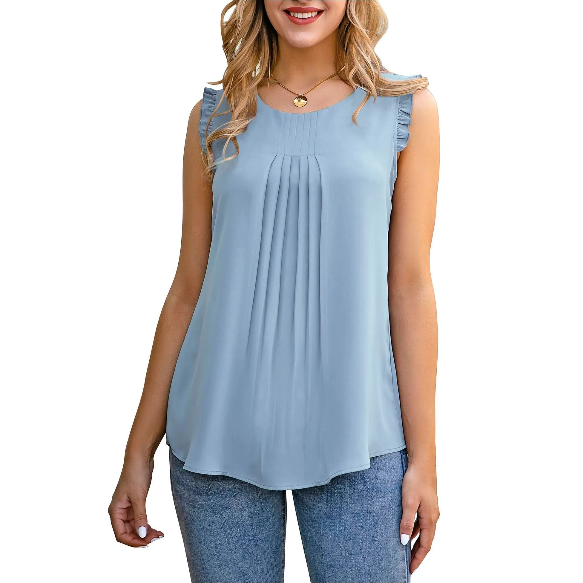 Summer Ruffle Trim Sleeveless Chiffon Blouses