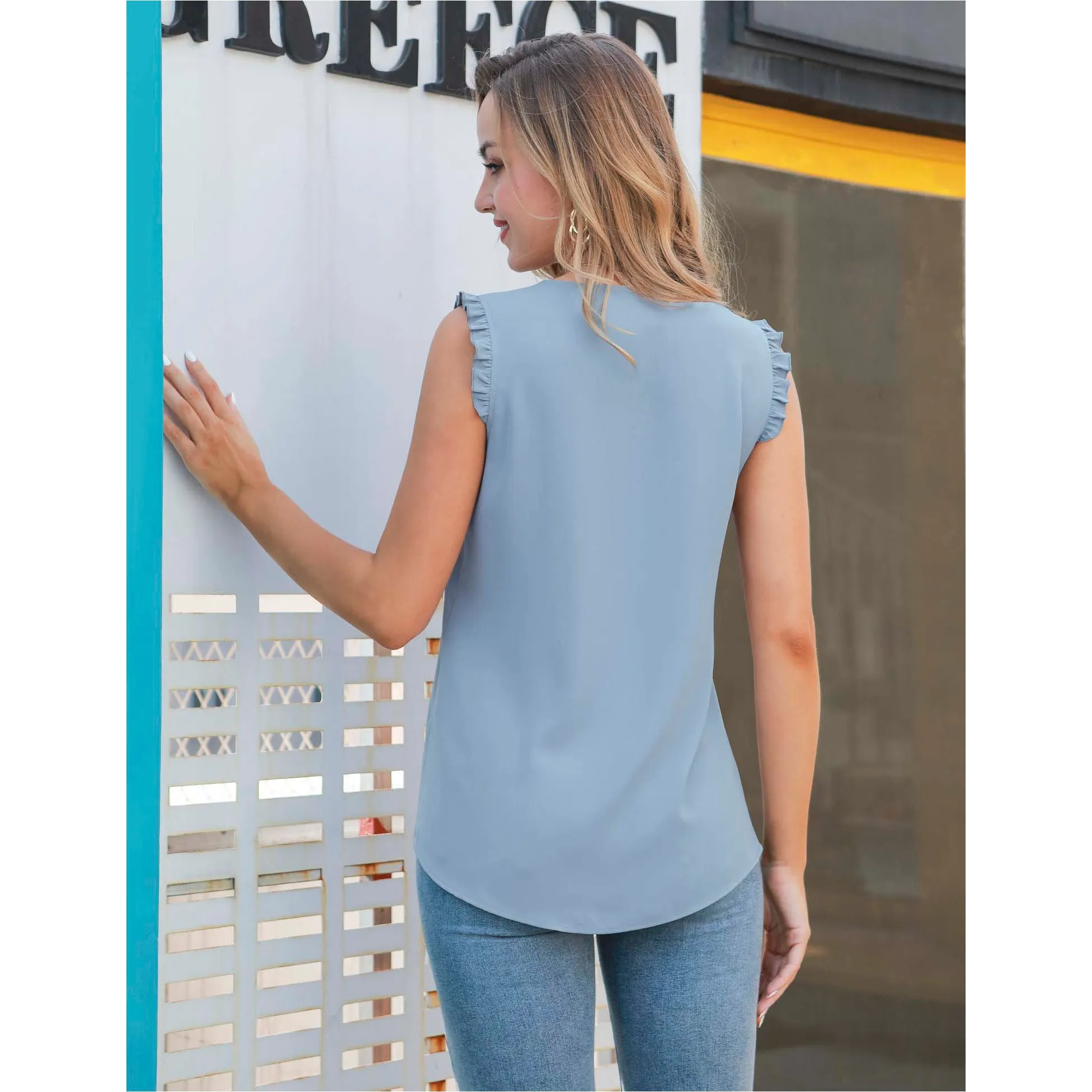 Summer Ruffle Trim Sleeveless Chiffon Blouses