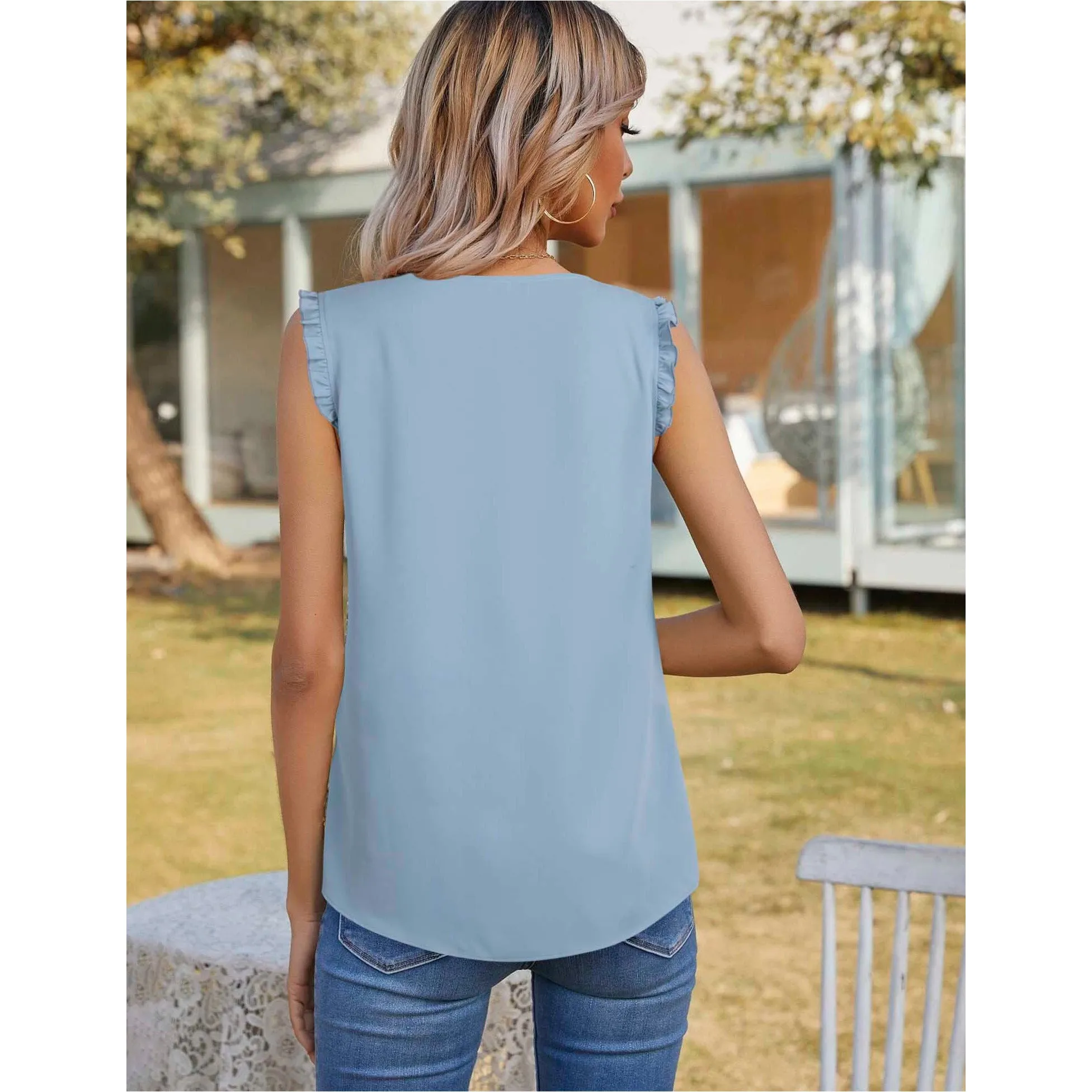 Summer Ruffle Trim Sleeveless Chiffon Blouses