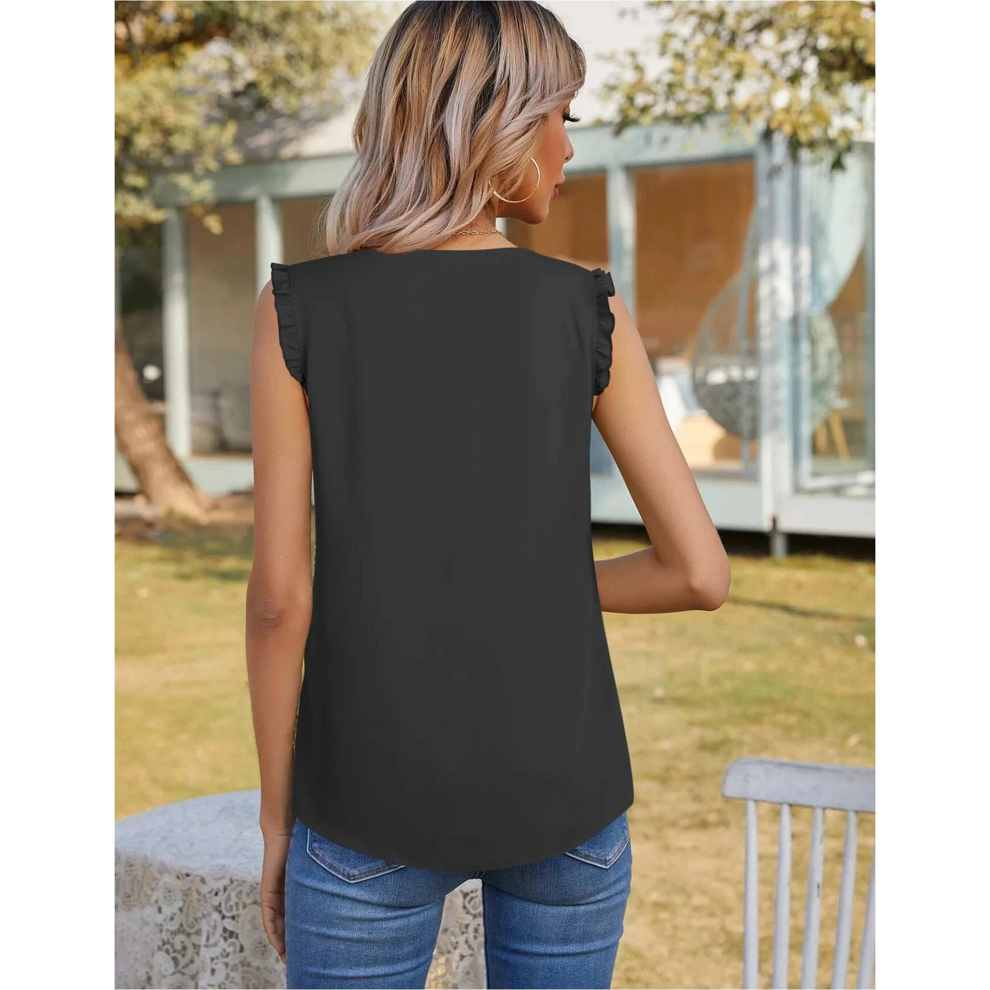 Summer Ruffle Trim Sleeveless Chiffon Blouses