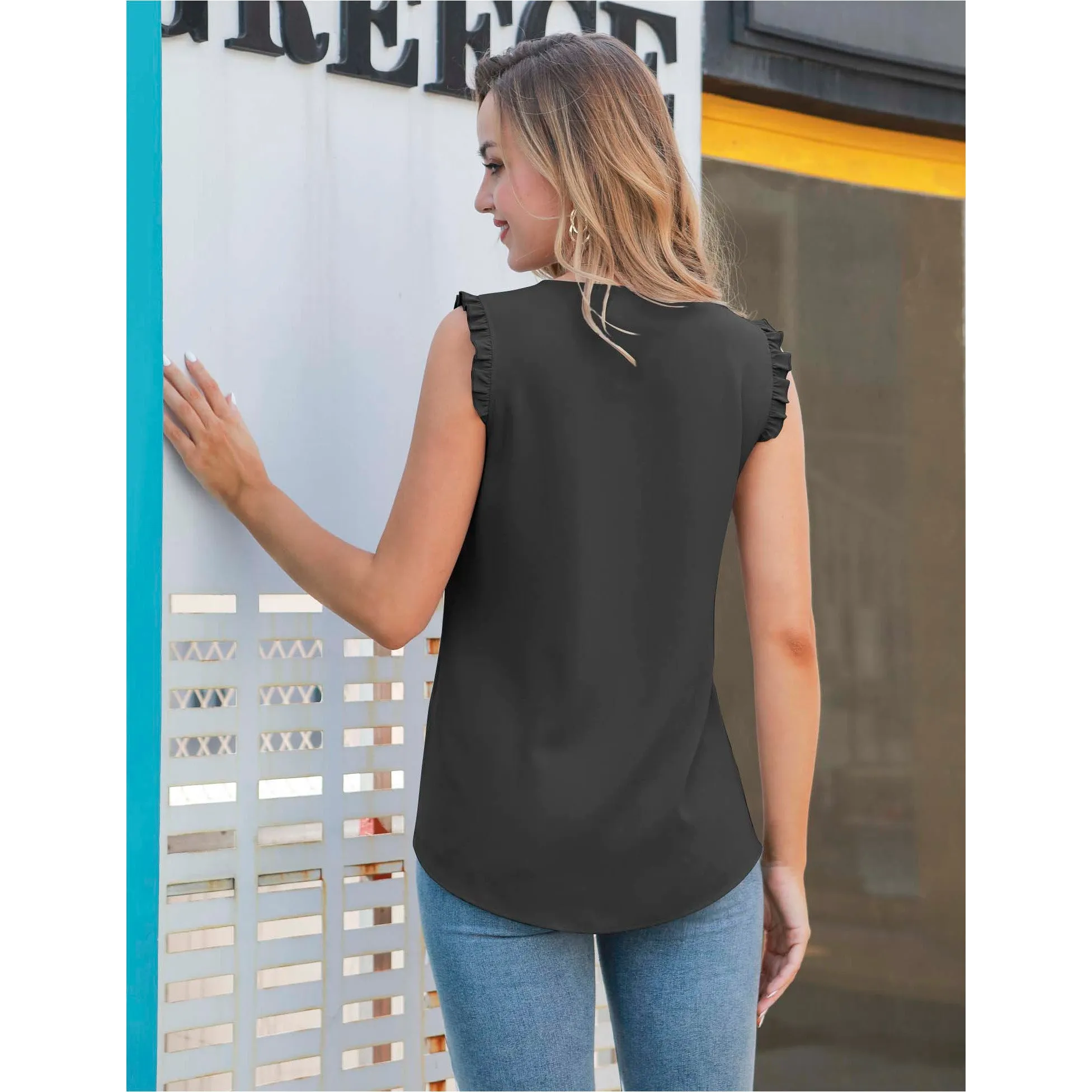 Summer Ruffle Trim Sleeveless Chiffon Blouses