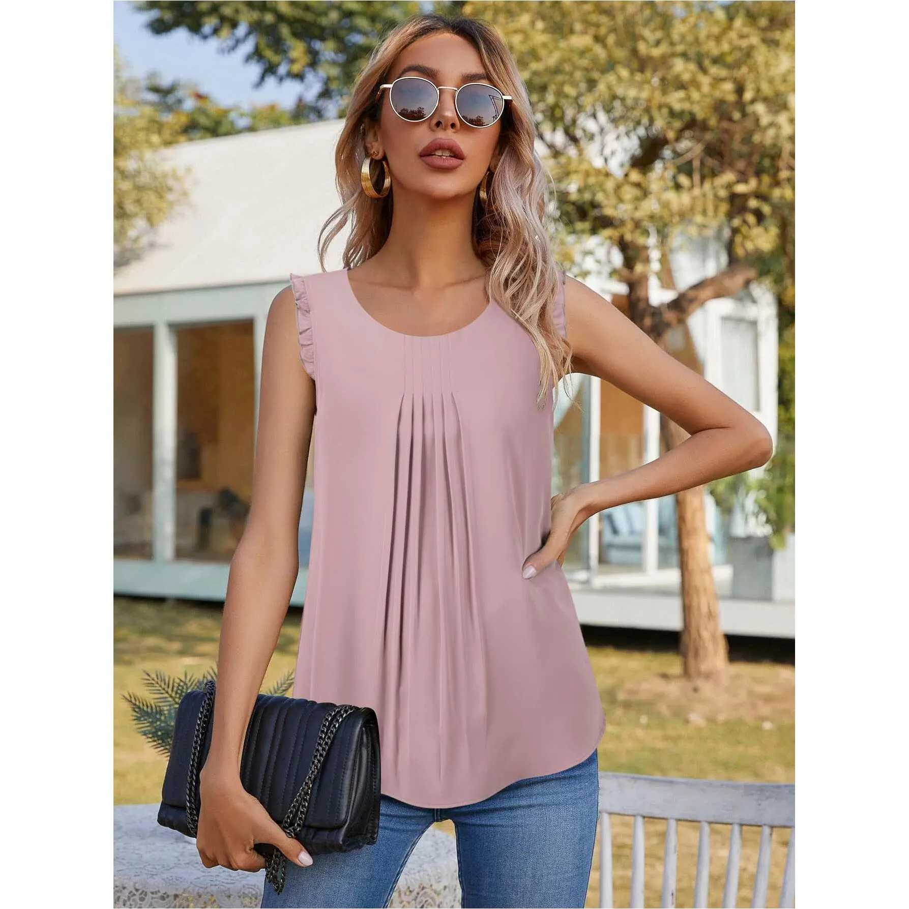 Summer Ruffle Trim Sleeveless Chiffon Blouses