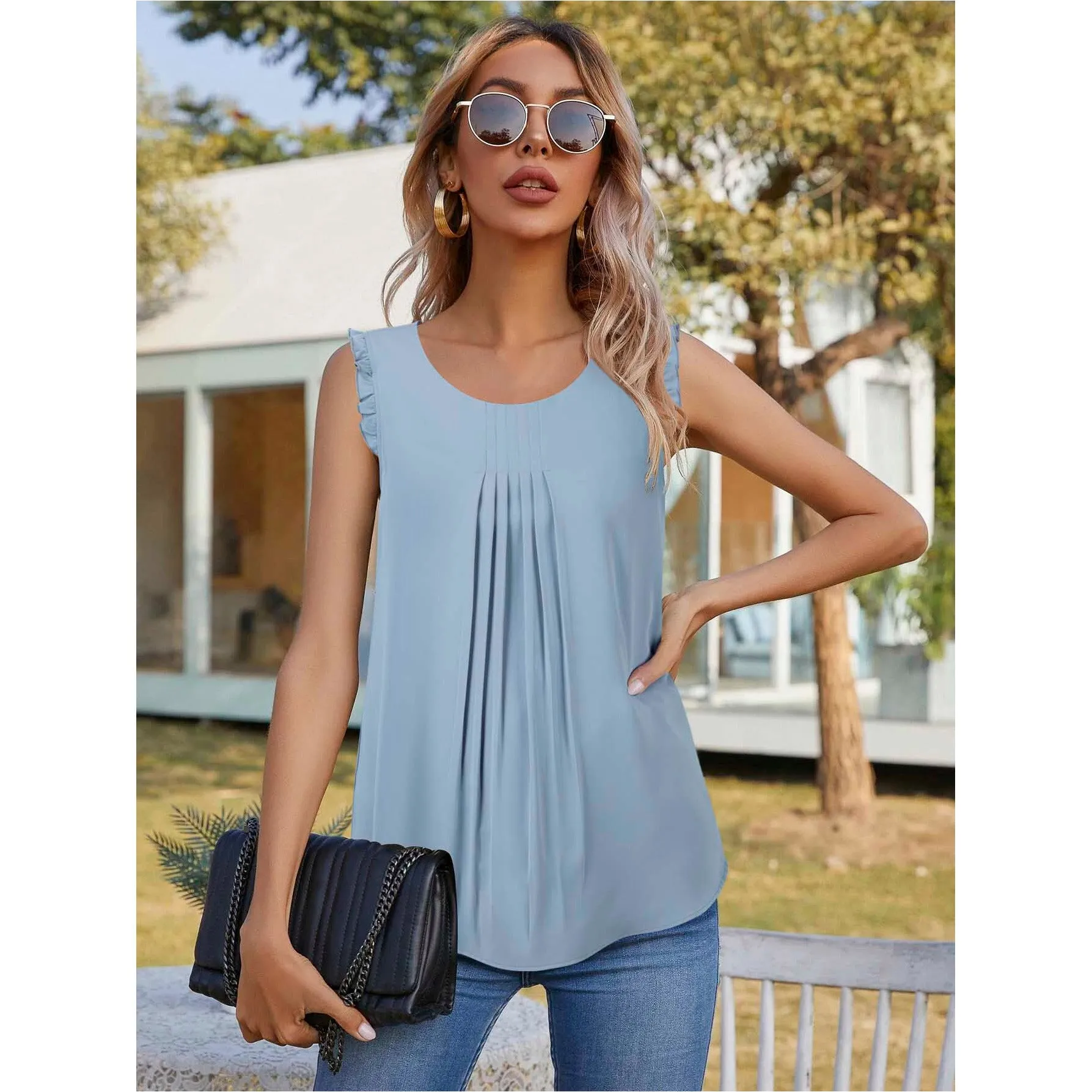 Summer Ruffle Trim Sleeveless Chiffon Blouses