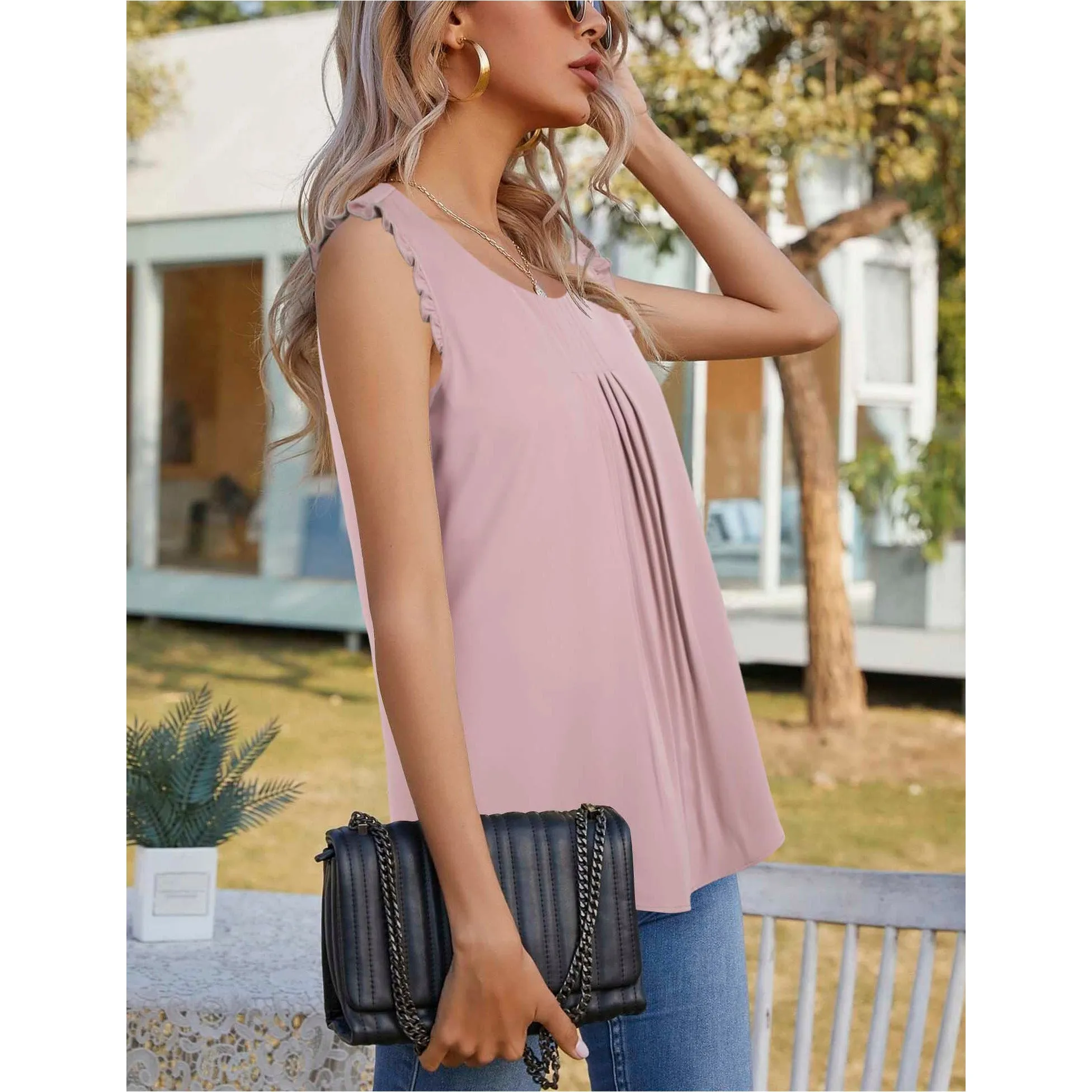 Summer Ruffle Trim Sleeveless Chiffon Blouses