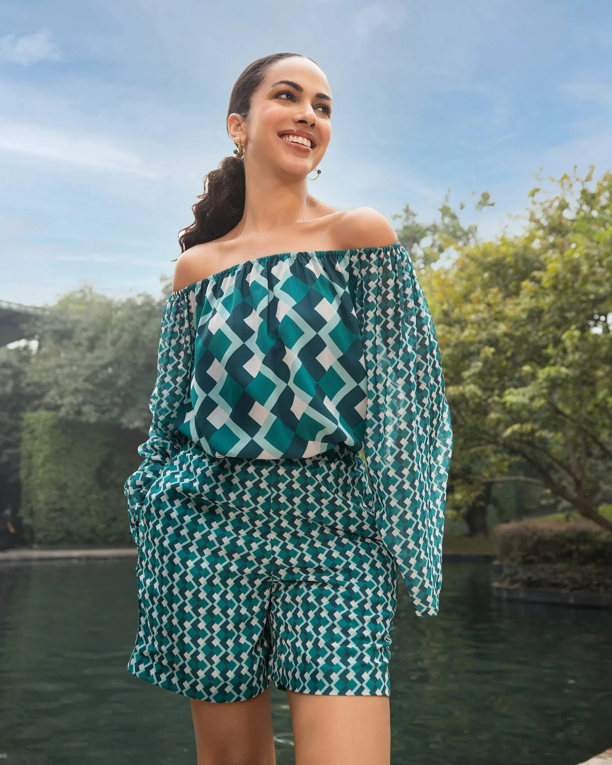 Teal Green Georgette Geometric Off-Shoulder Co-Ord Set