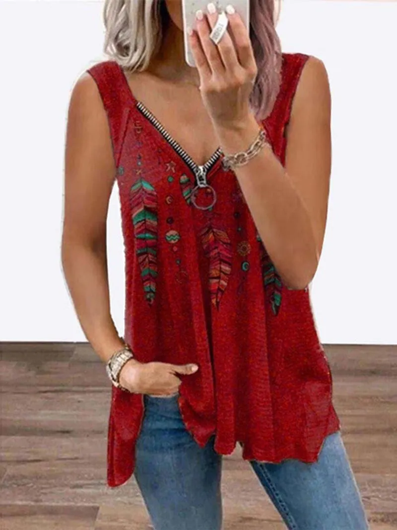 Western style printed V-neck zipper women's sleeveless T-shirt