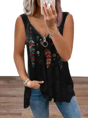 Western style printed V-neck zipper women's sleeveless T-shirt