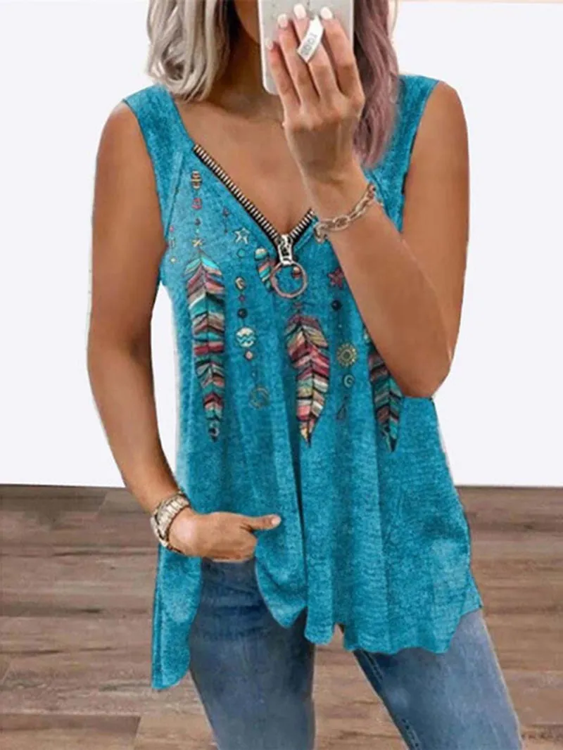 Western style printed V-neck zipper women's sleeveless T-shirt