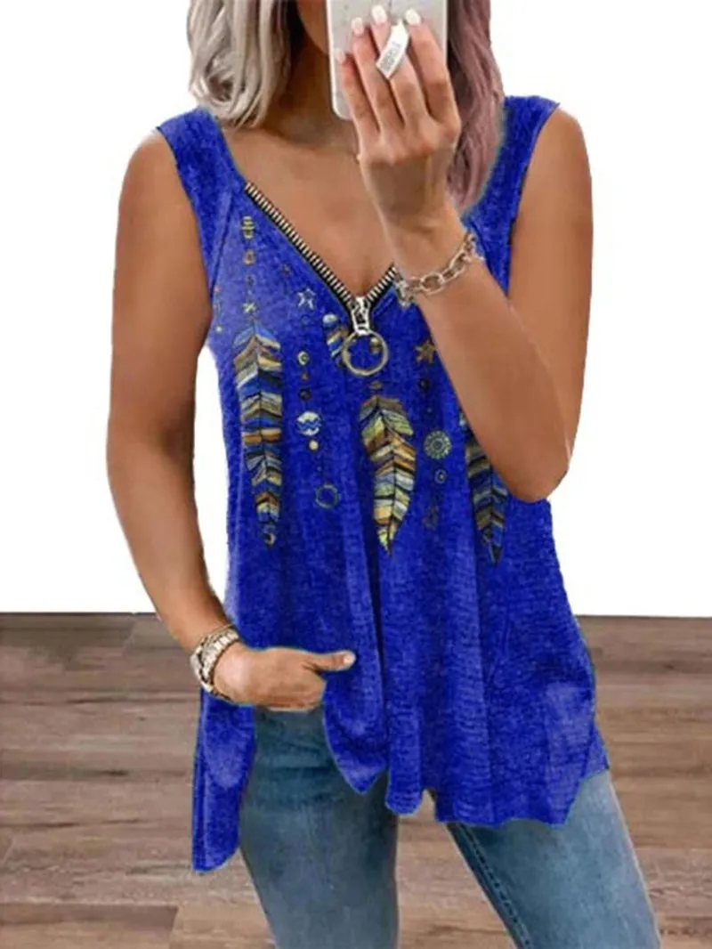 Western style printed V-neck zipper women's sleeveless T-shirt