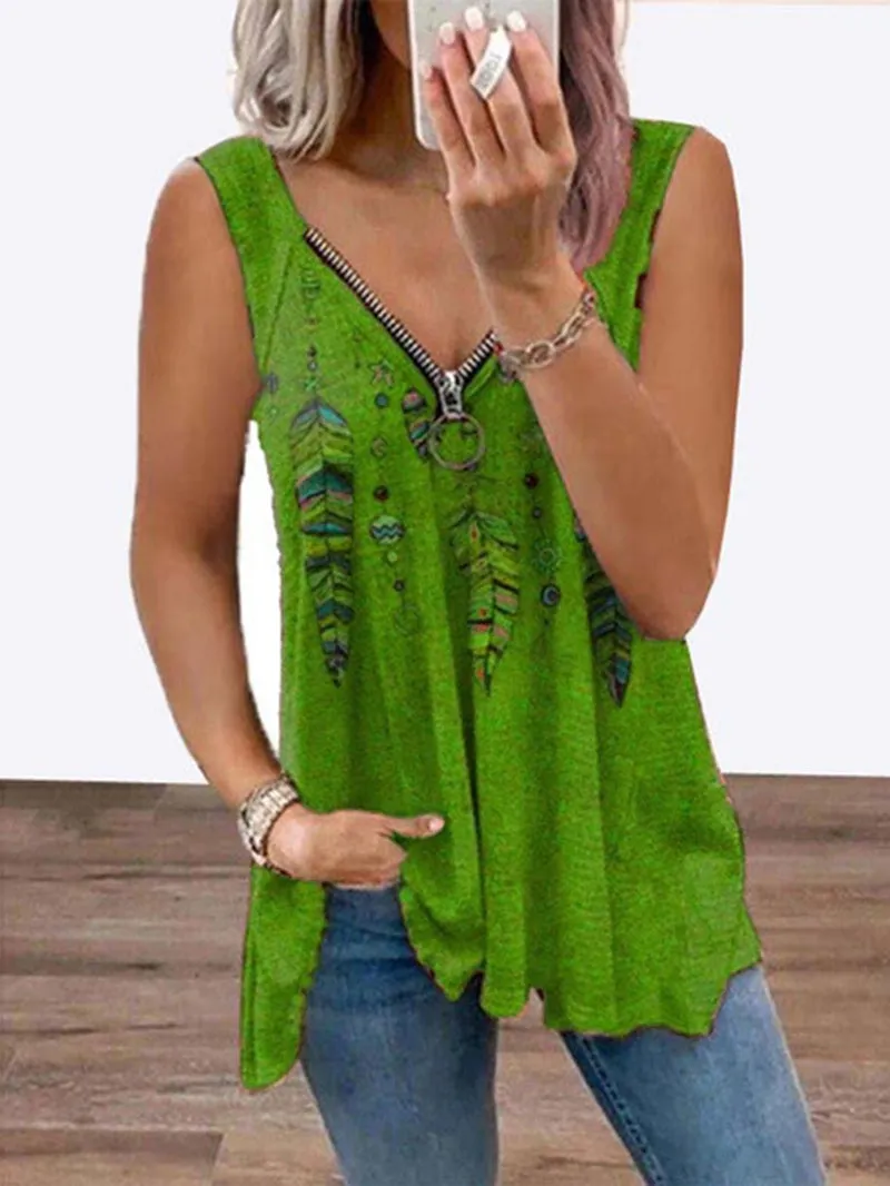 Western style printed V-neck zipper women's sleeveless T-shirt