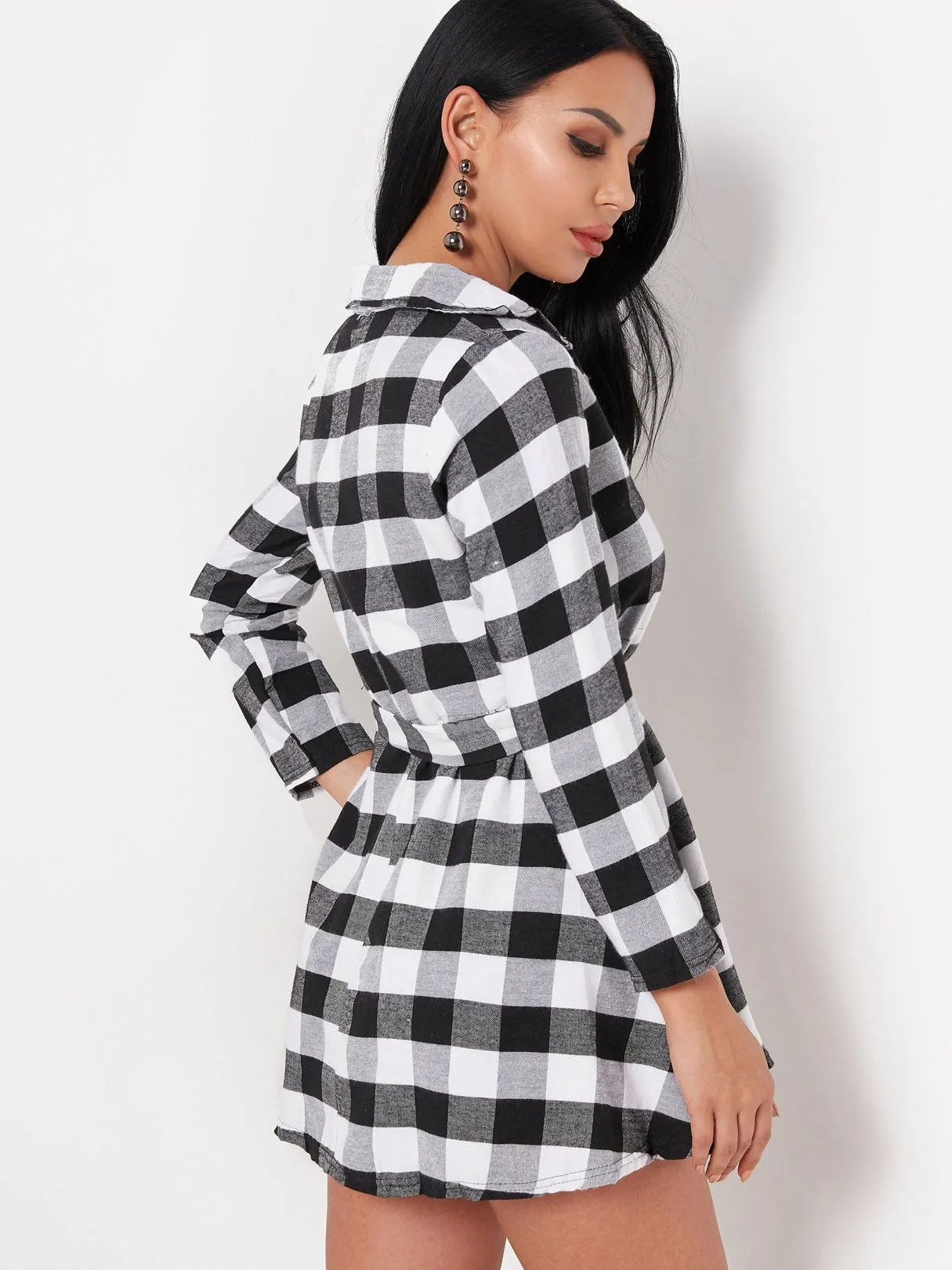 Wholesale Classic Collar 3/4 Length Sleeve Grid Mini Dresses