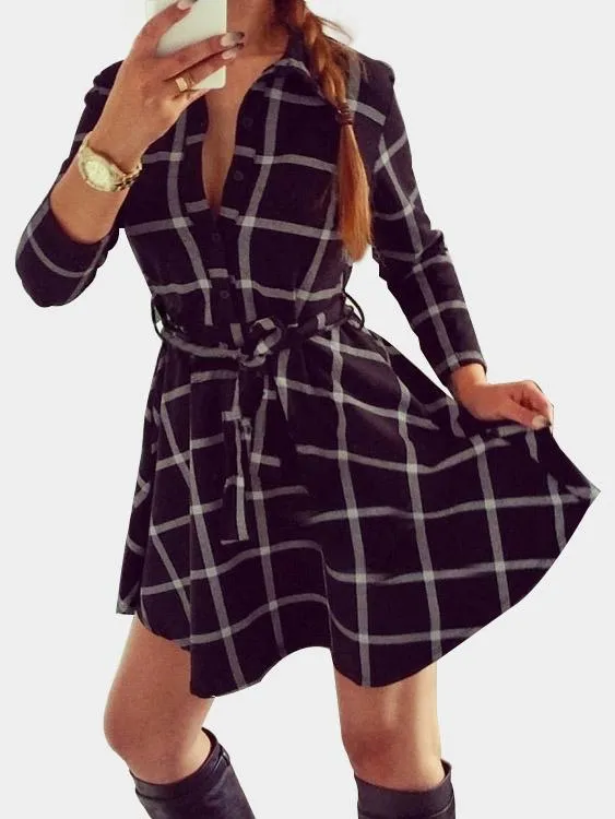 Wholesale Classic Collar 3/4 Length Sleeve Grid Mini Dresses