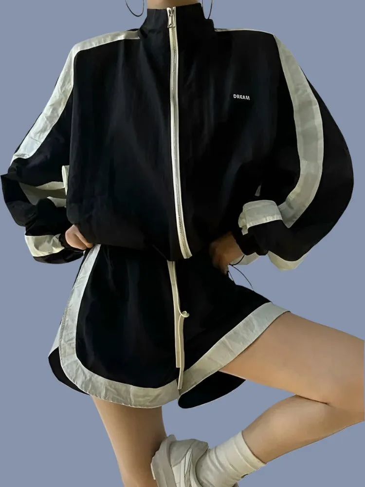 Women Patchwork Zip Jacket and Short Suit