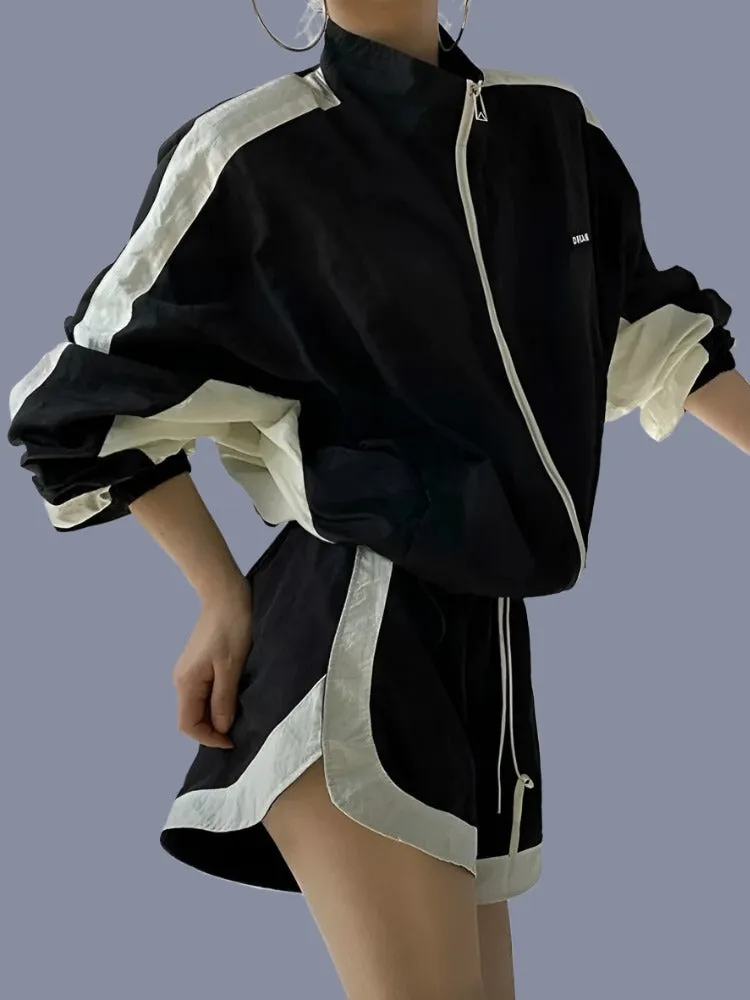 Women Patchwork Zip Jacket and Short Suit