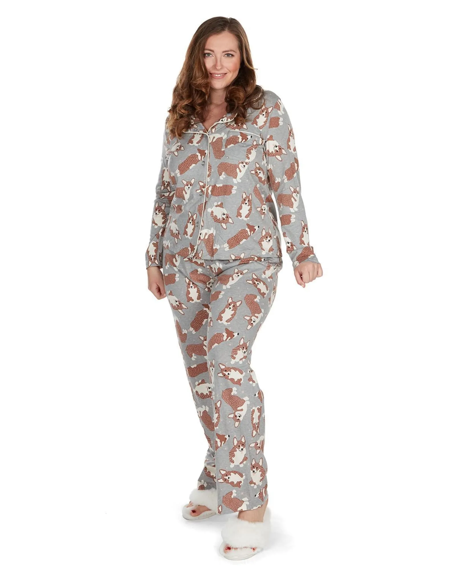 Women's Corgi Dog Print Cotton Blend Matching Pajama Set | Gray Heather