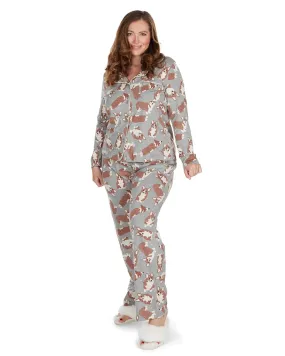 Women's Corgi Dog Print Cotton Blend Matching Pajama Set | Gray Heather