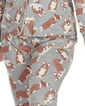 Women's Corgi Dog Print Cotton Blend Matching Pajama Set | Gray Heather