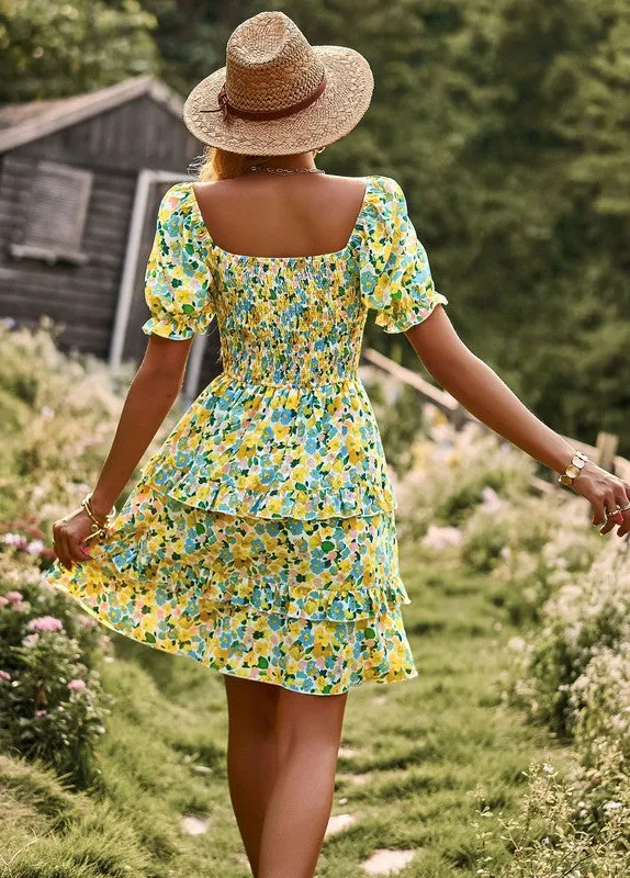 Women's Floral Wrap V-Neck Midi Dress Short Sleeve