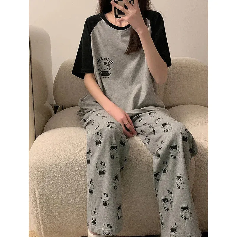 Women's Loose Round Neck Cute Kitty Homewear Pajamas Women's Simple Leisure Long Sleeve Long Pants Two-piece Suit Pajamas  Women