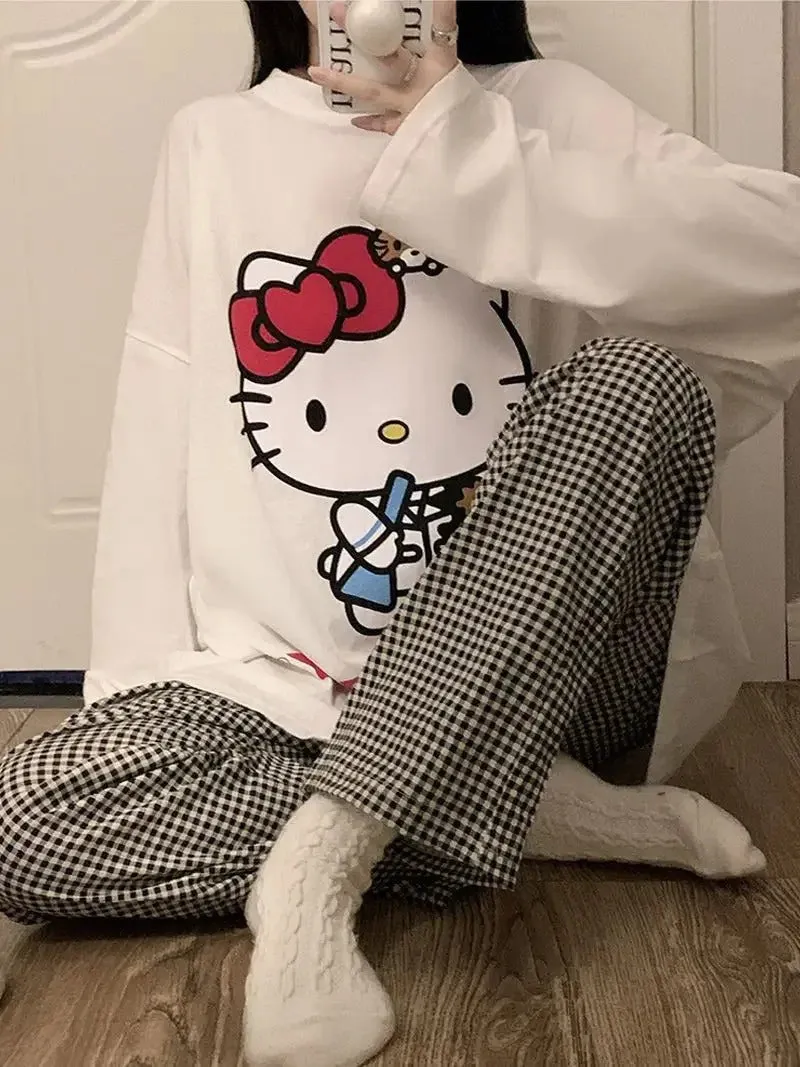 Women's Loose Round Neck Cute Kitty Homewear Pajamas Women's Simple Leisure Long Sleeve Long Pants Two-piece Suit Pajamas  Women