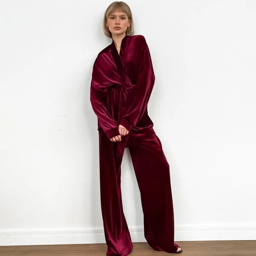 Women's New Velvet Fabric Casual Simple Long Sleeve Pants Pajamas