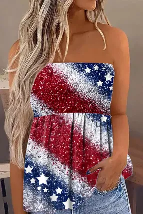 Women's US Flag Print Smocked Strapless Bandeau Tank Top