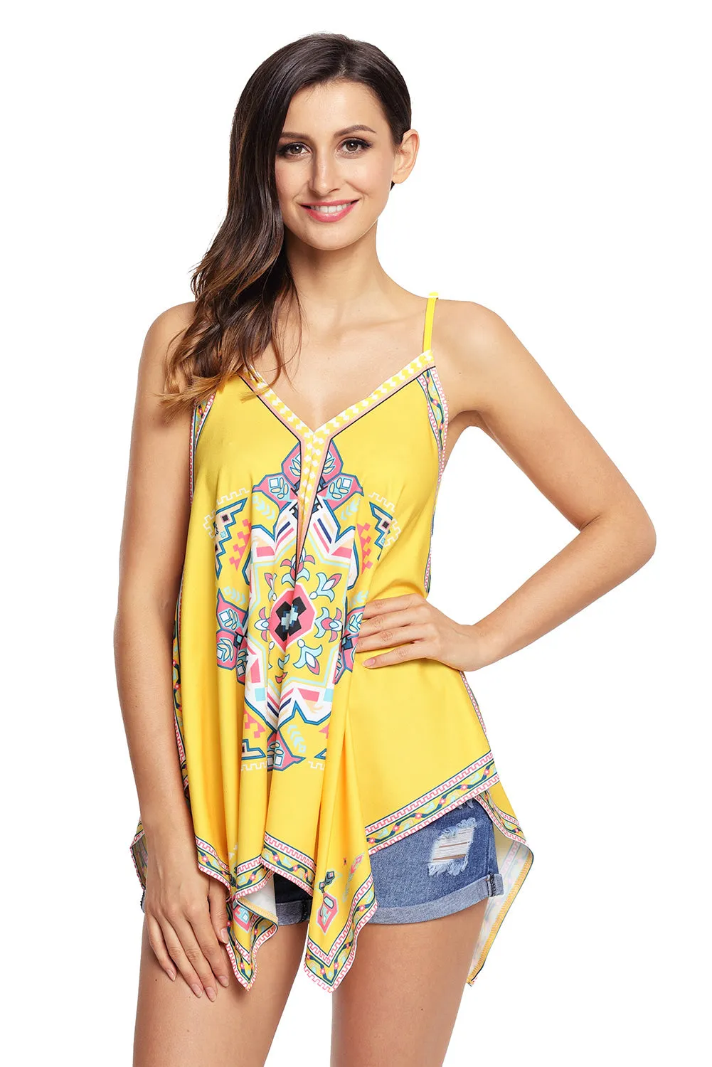 Yellow Tribal Print Summer Holiday Tank Top
